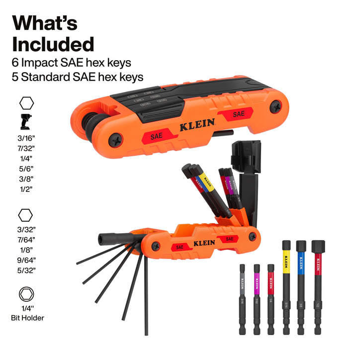 Klein Tools Extended Reach Impact Folding Hex Key Set, SAE