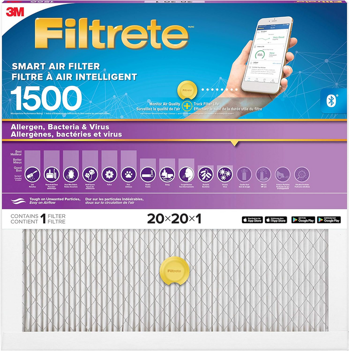 3M Canada Filtrete Smart MPR1500 Allegern, Bacteria & Virus Filters, 20in x 20in x 1in, Model S-2002-6-CA