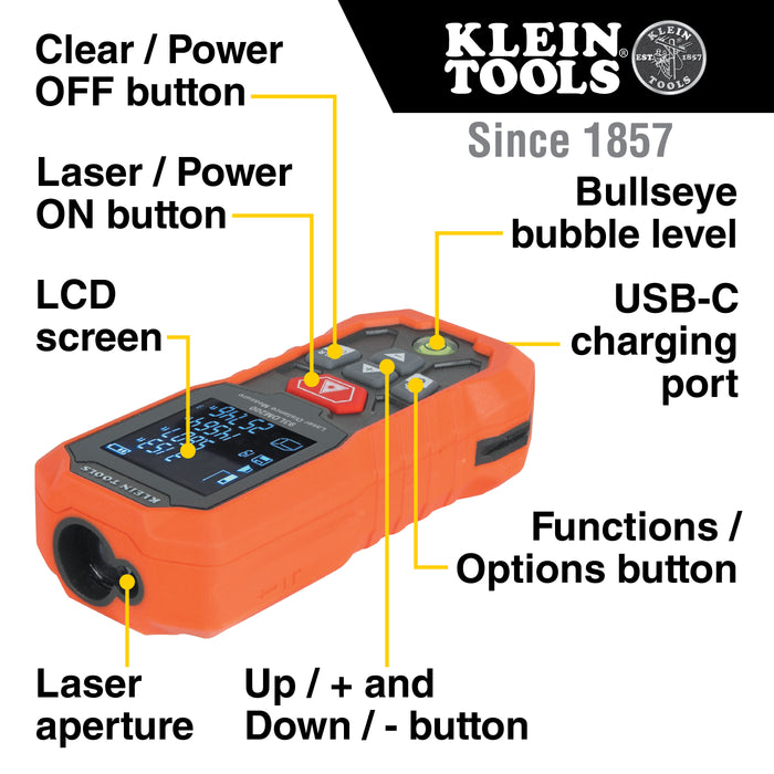 Klein Tools Laser Distance Measurer, Up to 200', Model 93LDM200*