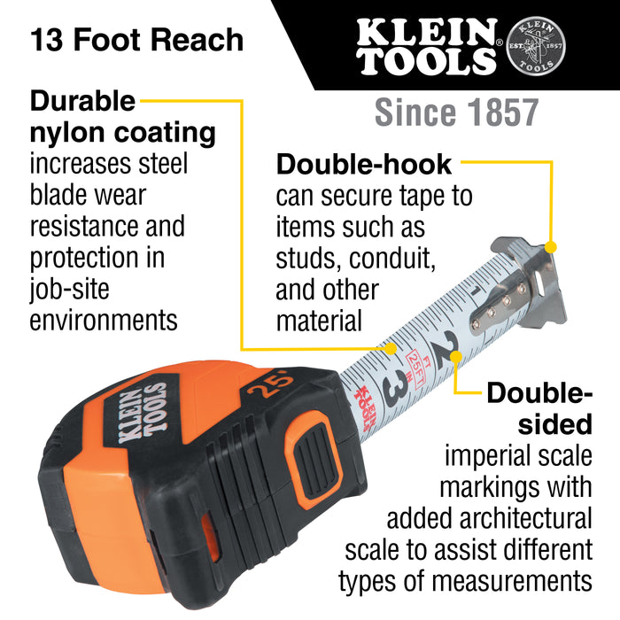 Klein Tools Imperial Tape Measure, 25-Foot Compact, Double-Hook, Model 9525*