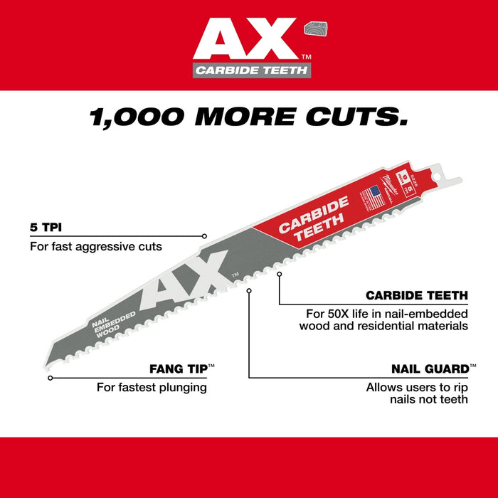 Milwaukee 9" 5 TPI AX™ with Carbide Teeth for Wood with Nails SAWZALL® Blade (3 PK)