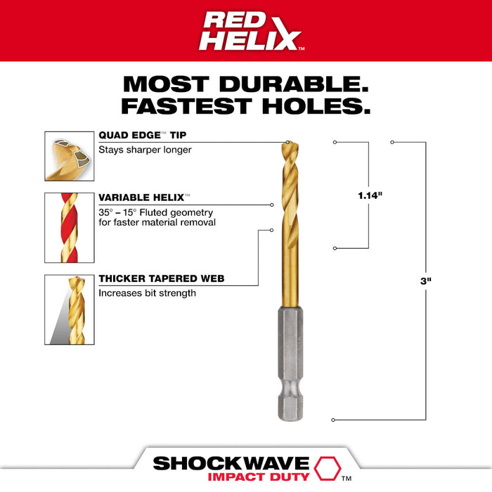 Milwaukee 3/16" SHOCKWAVE™ Impact Duty RED HELIX™ Titanium Drill Bit