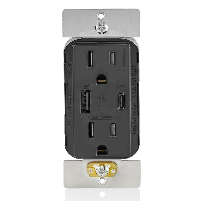 Leviton Decora 60W USB-A/C PD Wall Outlet, 15A TR Receptacle, Wallplate not included, AC1P6-E Black