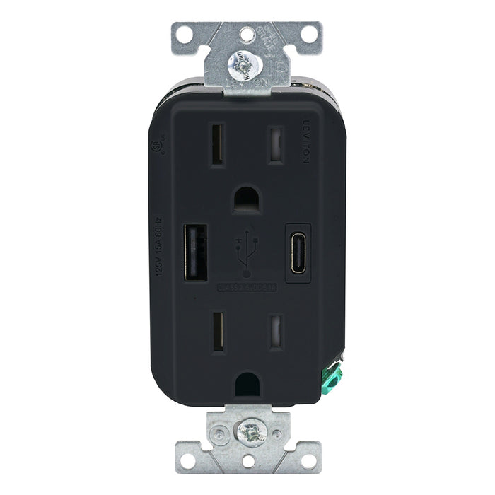 Leviton Decora 27W USB-A/C Wall Outlet, 15A TR Receptacle, Wallplate not included, AC1X3-E Black