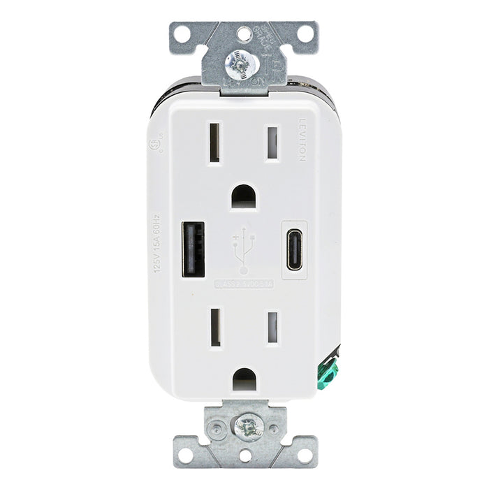 Leviton Decora 27W USB-A/C Wall Outlet, 15A TR Receptacle, Wallplate not included, AC1X3-W White