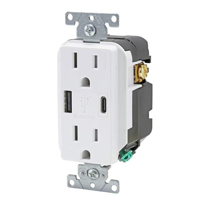 Leviton Decora 27W USB-A/C Wall Outlet, 15A TR Receptacle, Wallplate not included, AC1X3-W White