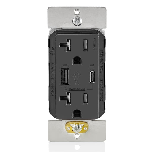 Leviton Decora 60W USB-A/C PD Wall Outlet, 20A TR Receptacle, Wallplate not included, AC2P6-E Black