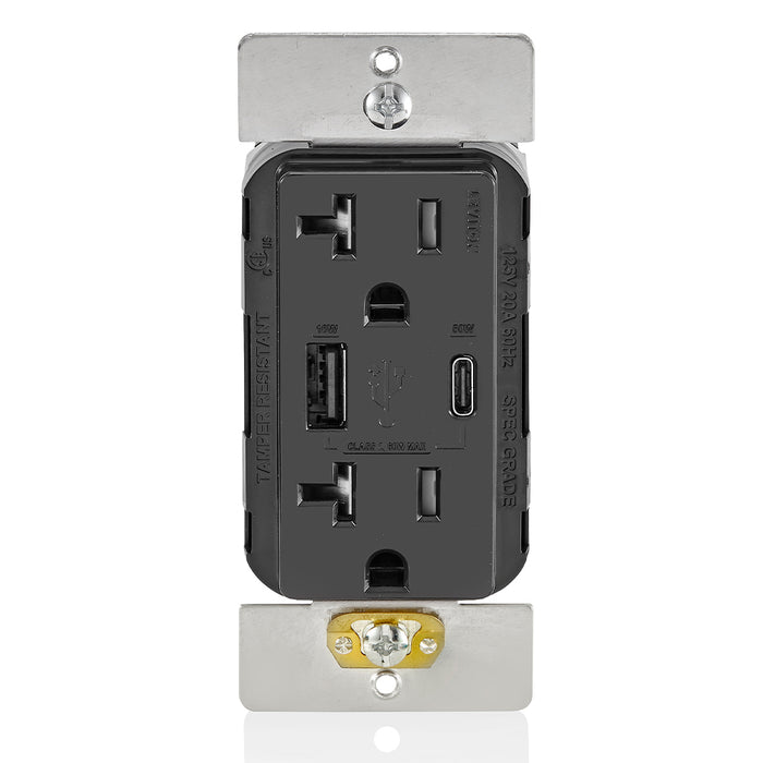 Leviton Decora 60W USB-A/C PD Wall Outlet, 20A TR Receptacle, Wallplate not included, AC2P6-E Black