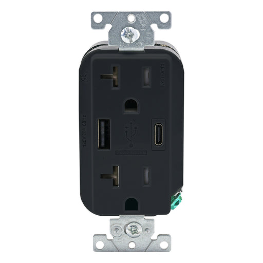 Leviton Decora 27W USB-A/C Wall Outlet, 20A TR Receptacle, Wallplate not included, AC2X3-E Black