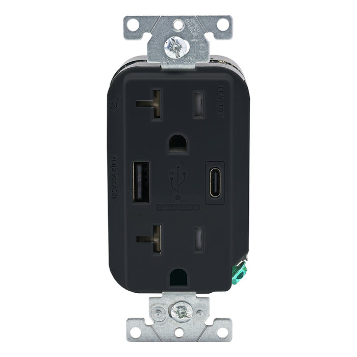 Leviton Decora 27W USB-A/C Wall Outlet, 20A TR Receptacle, Wallplate not included, AC2X3-E Black