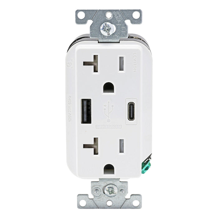 Leviton Decora 27W USB-A/C Wall Outlet, 20A TR Receptacle, Wallplate not included, AC2X3-W White