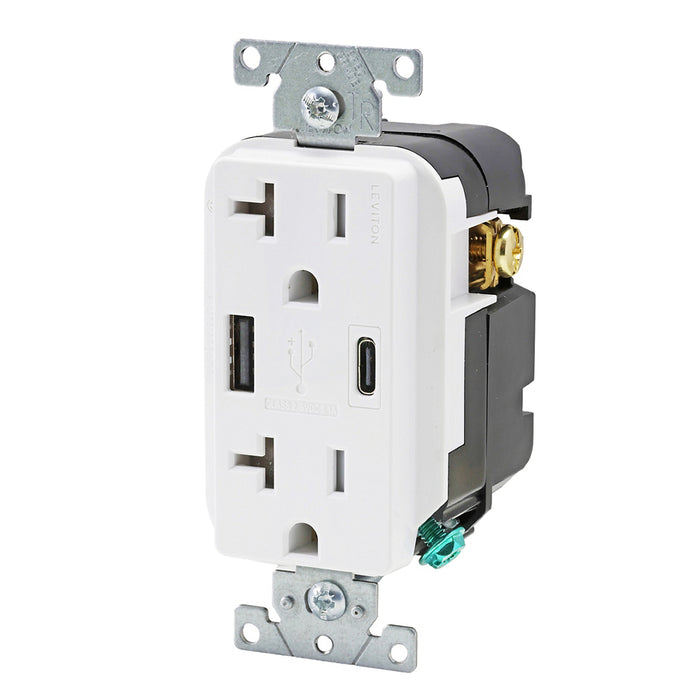 Leviton Decora 27W USB-A/C Wall Outlet, 20A TR Receptacle, Wallplate not included, AC2X3-W White