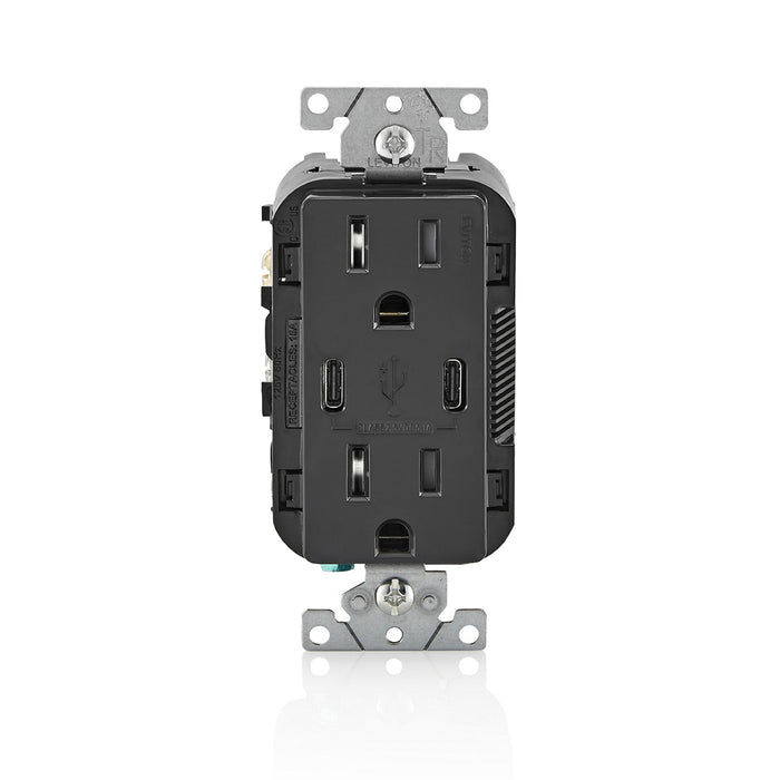 Leviton Decora 18W USB-C Wall Outlet, 15A TR Receptacle, Wallplate not included, BCC15-E Black