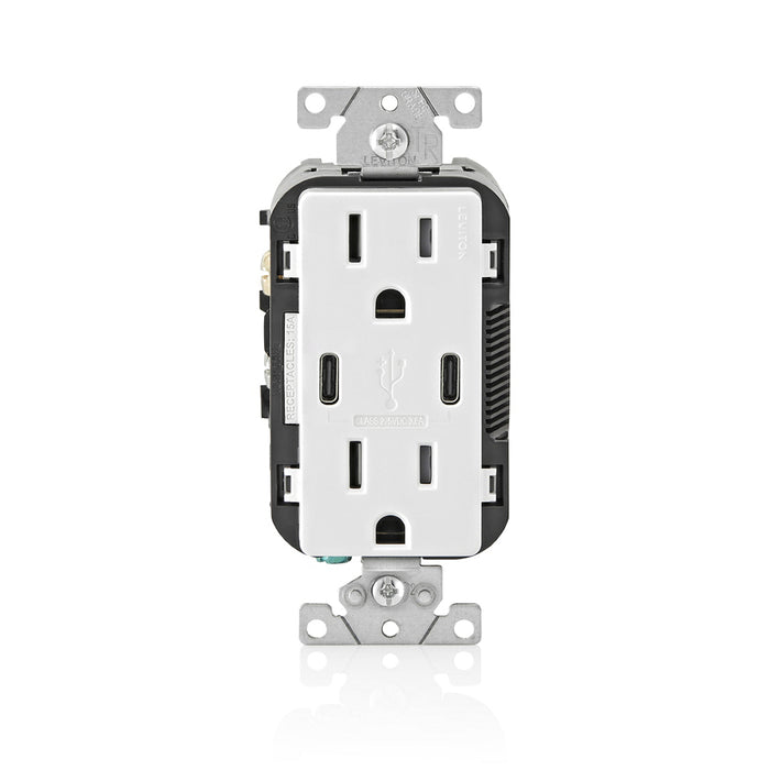 Leviton Decora 18W USB-C Wall Outlet, 15A TR Receptacle, Wallplate not included, BCC15-W White