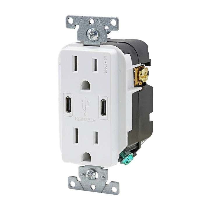 Leviton Decora 30W USB-C Wall Outlet, 15A TR Receptacle, Wallplate not included, CC1X3-W White