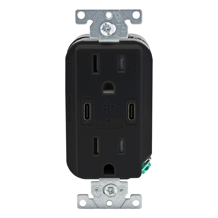 Leviton Decora 30W USB-C Wall Outlet, 15A TR Receptacle, Wallplate not included, CC1X3-E Black