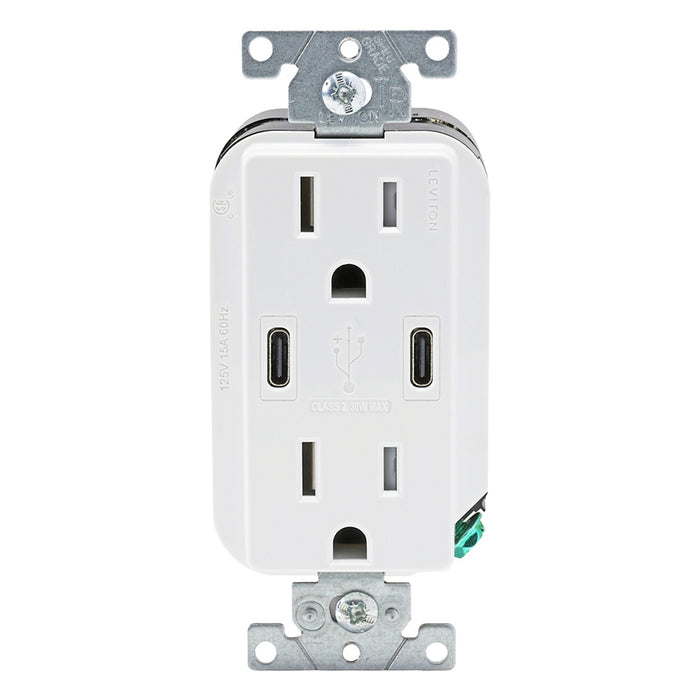 Leviton Decora 30W USB-C Wall Outlet, 15A TR Receptacle, Wallplate not included, CC1X3-W White