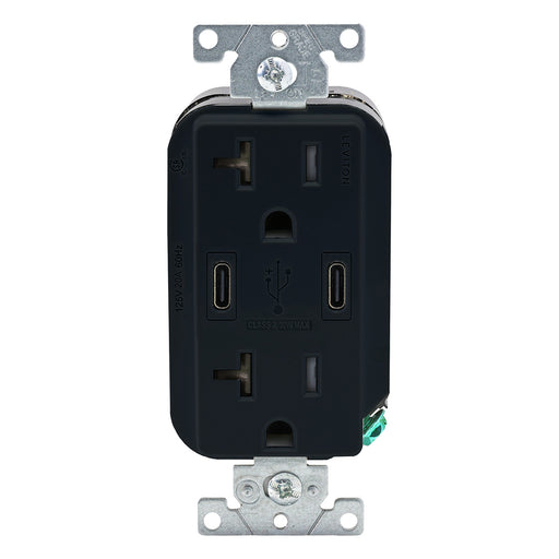 Leviton Decora 30W USB-C Wall Outlet, 20A TR Receptacle, Wallplate not included, CC2X3-E Black