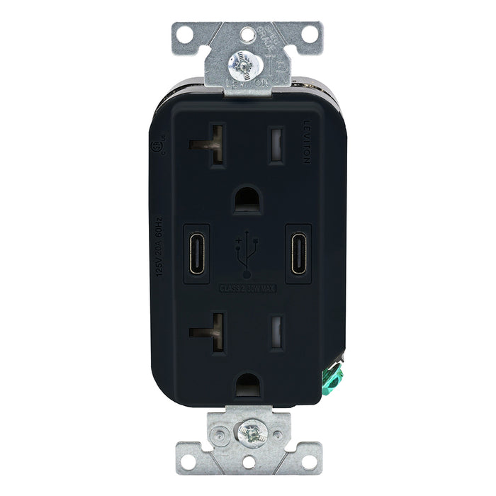 Leviton Decora 30W USB-C Wall Outlet, 20A TR Receptacle, Wallplate not included, CC2X3-E Black