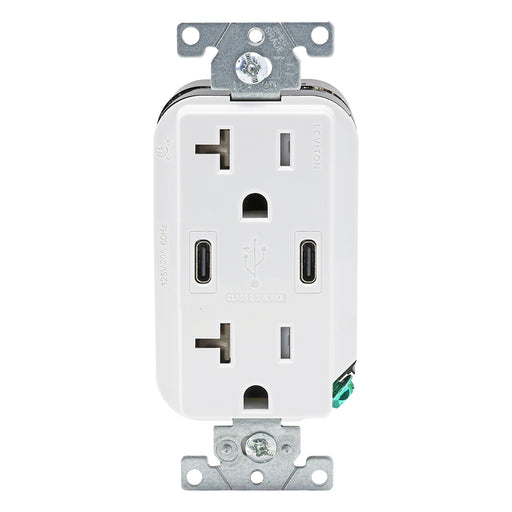 Leviton Decora 30W USB-C Wall Outlet, 20A TR Receptacle, Wallplate not included, CC2X3-W White