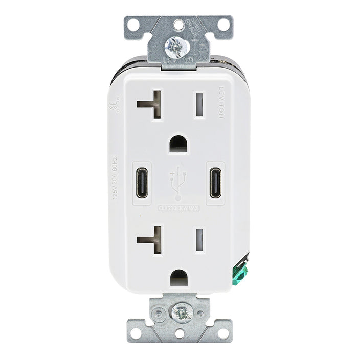Leviton Decora 30W USB-C Wall Outlet, 20A TR Receptacle, Wallplate not included, CC2X3-W White