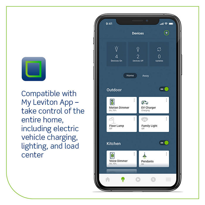 Leviton Universal Level 2 Wifi Smart Electric Vehicle Charger 48 Amp 240 VAC 11.5kW 18Ft Cord