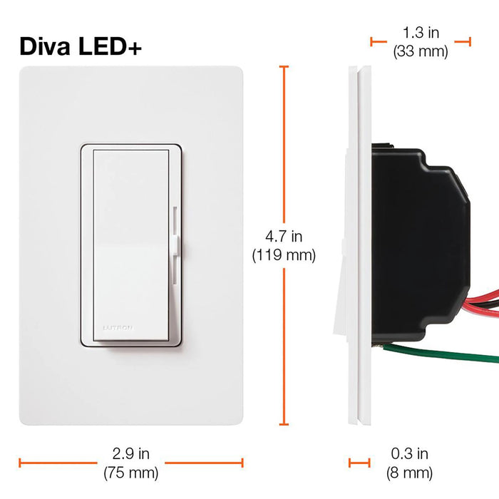 Variateur Lutron Diva CL pour ampoules fluocompactes et LED à intensité variable, puissance maximale 150 W, blanc, modèle DVCL-153PH-WHC