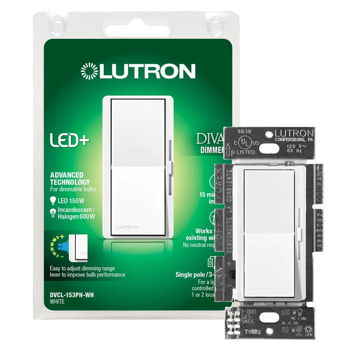 Variateur Lutron Diva CL pour ampoules fluocompactes et LED à intensité variable, puissance maximale 150 W, blanc, modèle DVCL-153PH-WHC