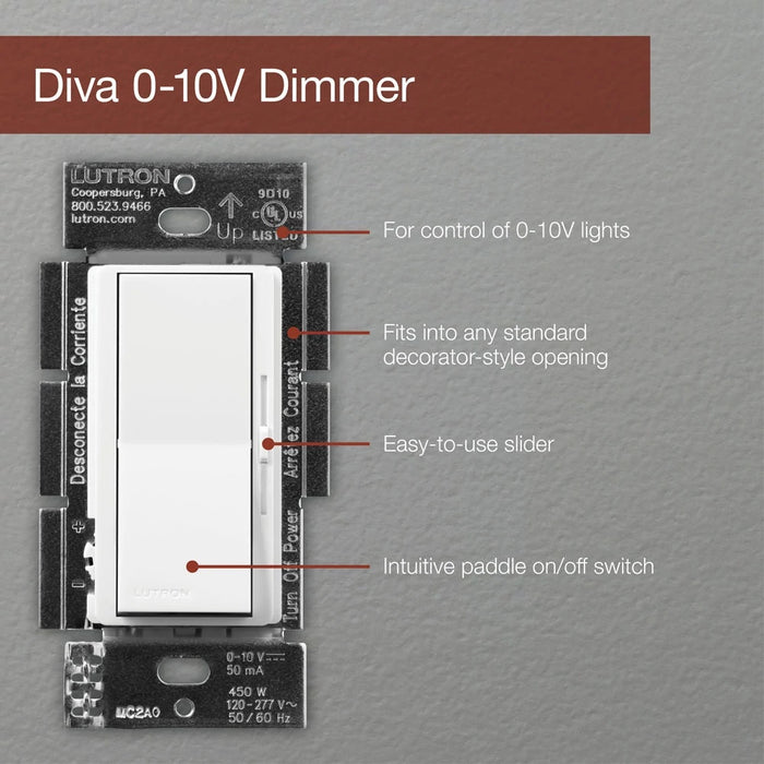 Lutron Diva 0-10 V Fluorescent/LED Fixture Dimmers, 3-way/Single Pole, Model DVSTV-WH