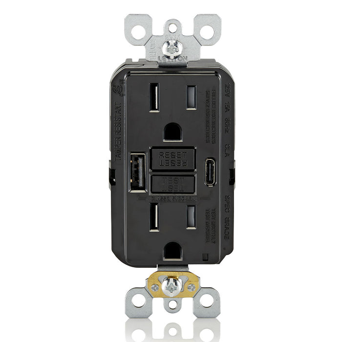 Leviton 15A GFCI Combination Receptacle with Type A/C USB Charger in Black, Model GUAC1-E*