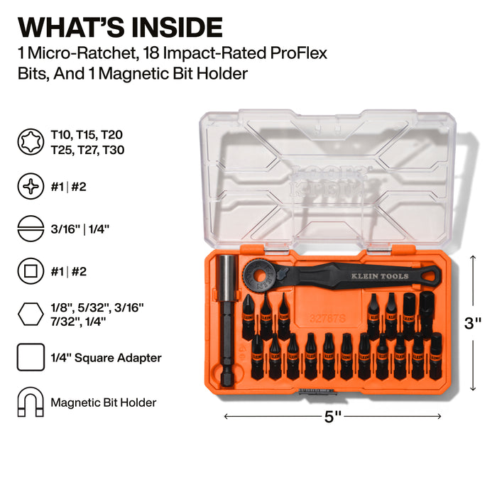 Klein Tools Proflex Micro Ratchet Impact Rated Bit Set, 20-piece 32787S