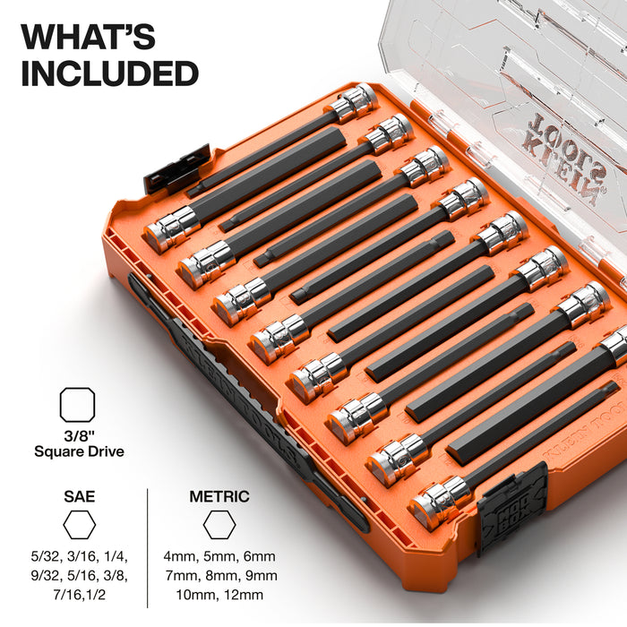 Klein Tools Long Hex Bit Socket Set, SAE and Metric, 16-Piece  652216HEXL