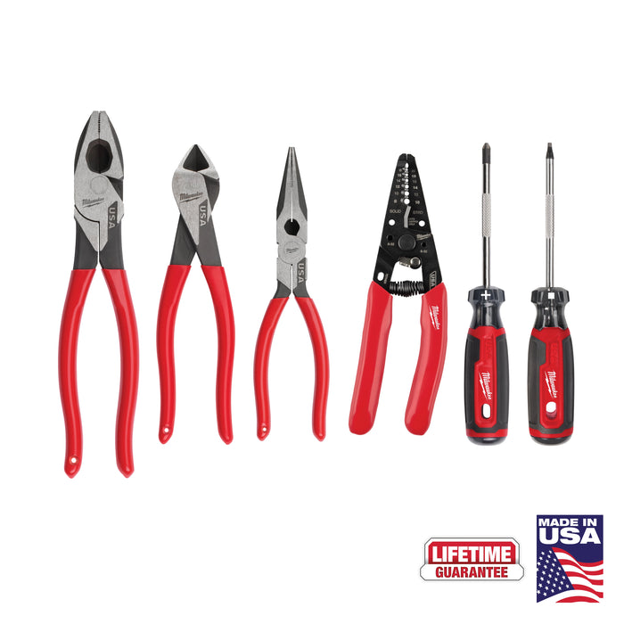 Milwaukee 6 PC. Dipped Grip Cutting Pliers, Wire Stripper, & Cushion Grip Screwdrivers Set (USA)