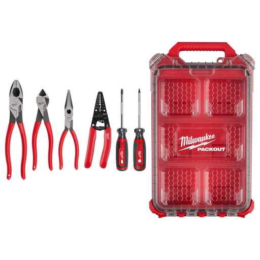 Milwaukee 6 PC. Dipped Grip Pliers, Wire Stripper, & Cushion Grip Screwdrivers Set(USA) w/ PACKOUT Low-Profile Compact Organizer