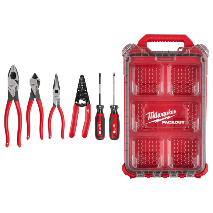 Milwaukee 6 PC. Dipped Grip Pliers, Wire Stripper, & Cushion Grip Screwdrivers Set(USA) w/ PACKOUT Low-Profile Compact Organizer