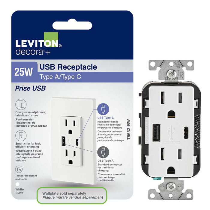 Leviton Type-A & Type-C USB Charger with 15A Tamper-Resistant Receptacle (White) Model T5633-W