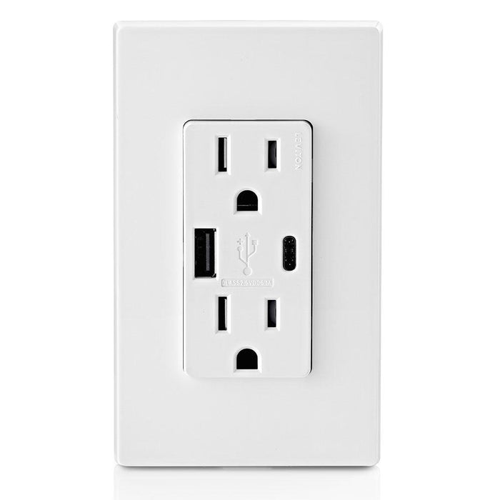Leviton Type-A & Type-C USB Charger with 15A Tamper-Resistant Receptacle (White) Model T5633 - Orka
