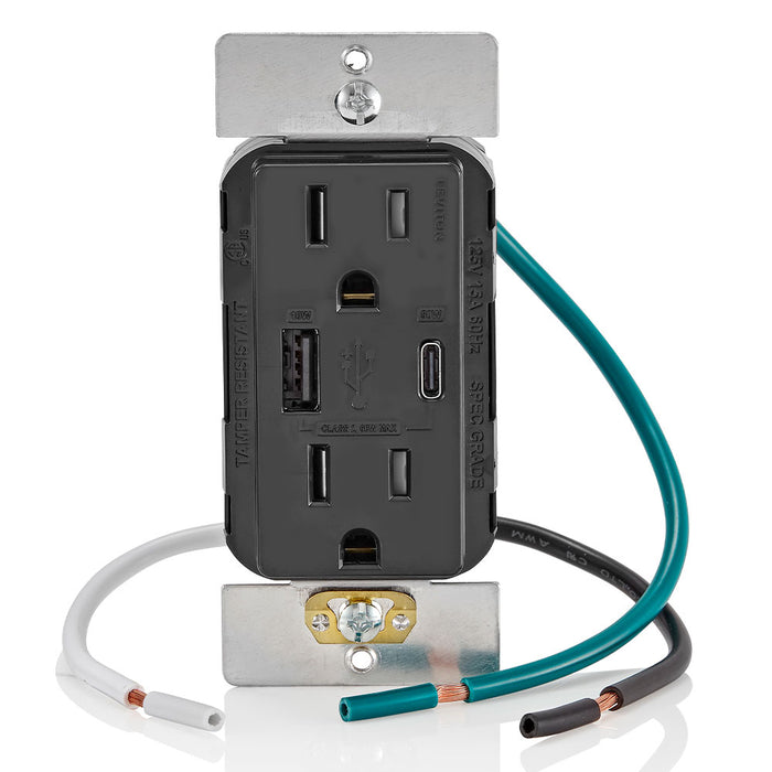 Leviton Decora 60W USB-A/C PD Wall Outlet, 15A TR Receptacle, Wallplate not included, AC1P6-E Black