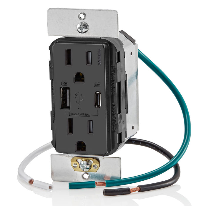 Leviton Decora 60W USB-A/C PD Wall Outlet, 15A TR Receptacle, Wallplate not included, AC1P6-E Black