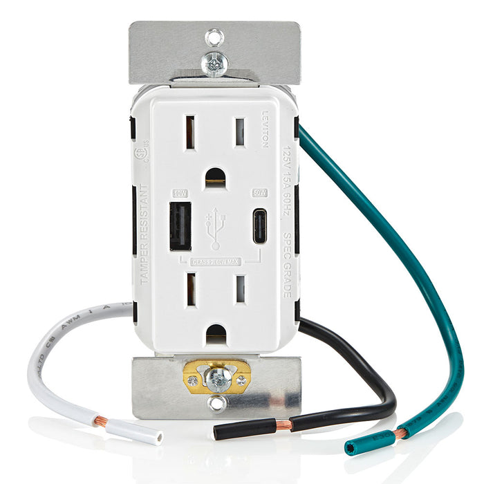Leviton Decora 60W USB-A/C PD Wall Outlet, 15A TR Receptacle, Wallplate not included, AC1P6-W White
