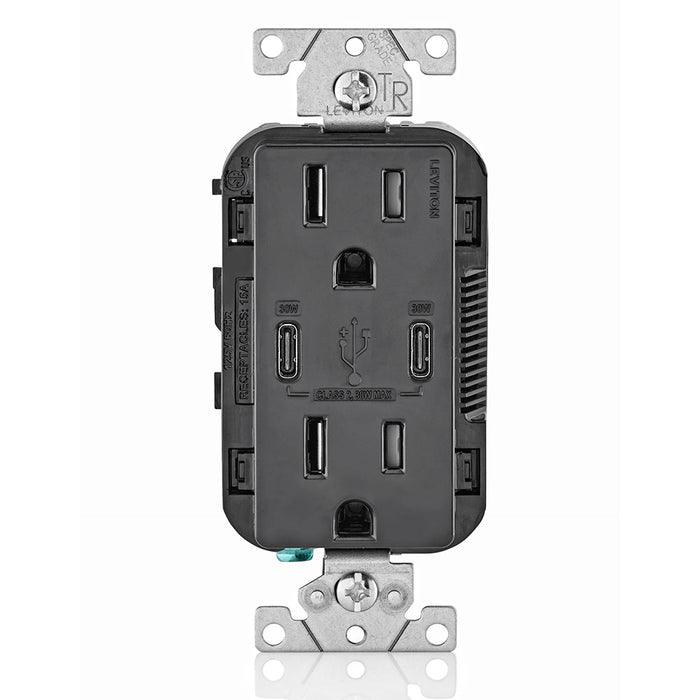 Leviton Decora 30W USB-C PD Wall Outlet, 15A TR Receptacle, Wallplate not included, CC1P3-E Black