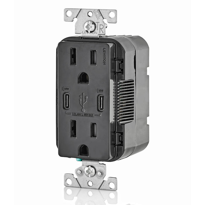 Leviton Decora 30W USB-C PD Wall Outlet, 15A TR Receptacle, Wallplate not included, CC1P3-E Black