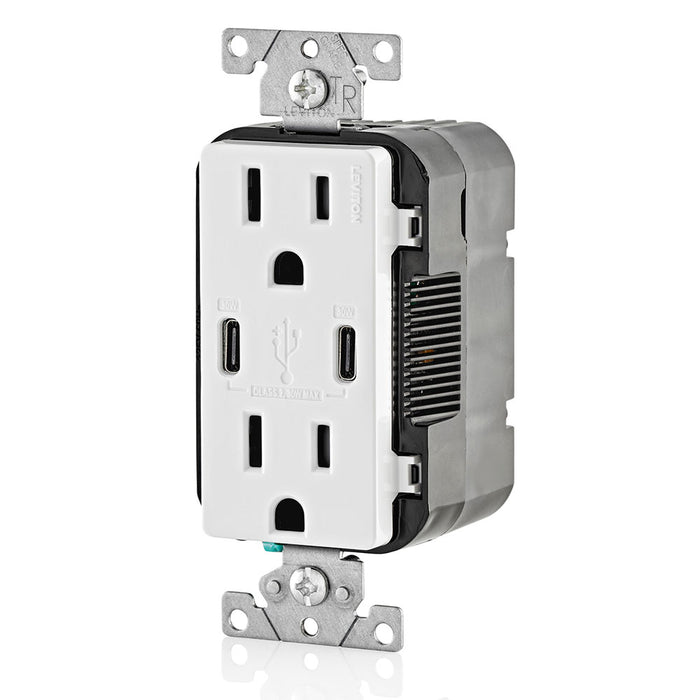 Leviton Decora 30W USB-C PD Wall Outlet, 15A TR Receptacle, Wallplate not included, CC1P3-W White