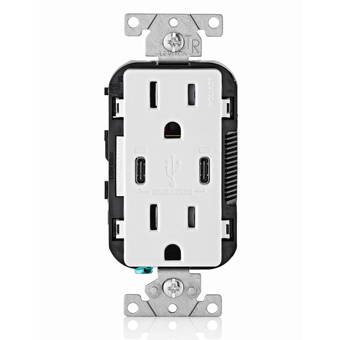 Leviton Decora 30W USB-C PD Wall Outlet, 15A TR Receptacle, Wallplate not included, CC1P3-W White