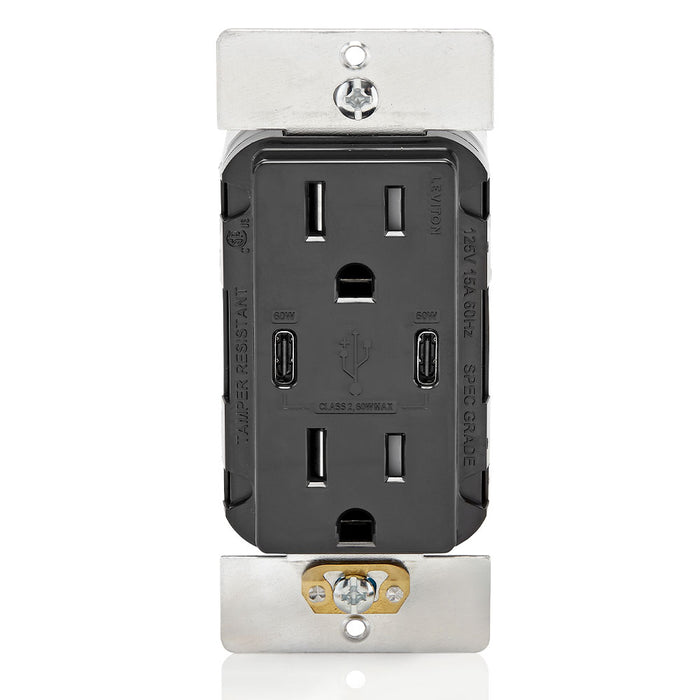 Leviton Decora 60W USB-C PD Wall Outlet, 15A TR Receptacle, Wallplate not included, CC1P6-E Black