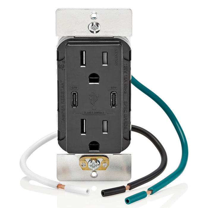 Leviton Decora 60W USB-C PD Wall Outlet, 15A TR Receptacle, Wallplate not included, CC1P6-E Black