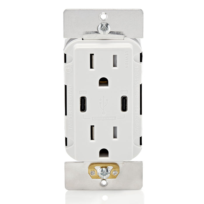 Leviton Decora 60W USB-C PD Wall Outlet, 15A TR Receptacle, Wallplate not included, CC1P6-W White