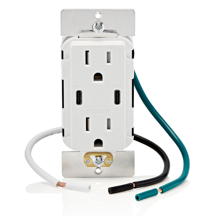 Leviton Decora 60W USB-C PD Wall Outlet, 15A TR Receptacle, Wallplate not included, CC1P6-W White