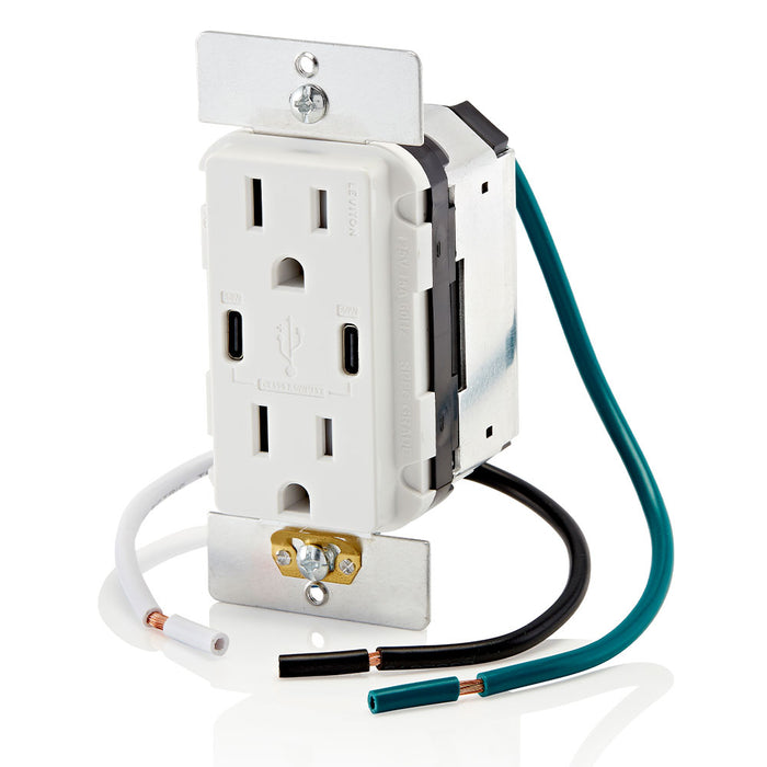 Leviton Decora 60W USB-C PD Wall Outlet, 15A TR Receptacle, Wallplate not included, CC1P6-W White