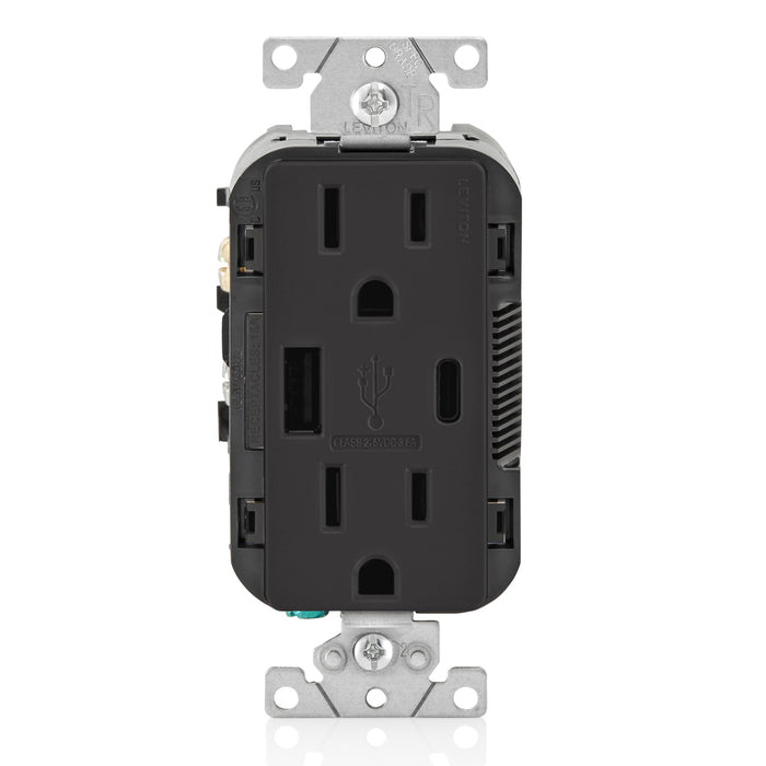 Leviton Decora 18W USB-A/C Wall Outlet, 15A TR Receptacle, Wallplate not included, BAC15-E Black